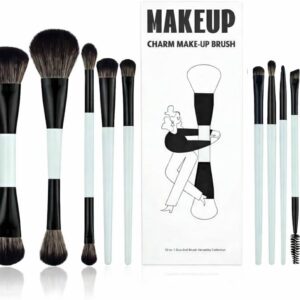 مجموعة فرش مكياج مزدوجة الجوانب لكريم الاساس والكونتور واحمر الخدود والهايلايت والمزج والحواجب وظلال العيون وقلم تحديد العيون والكونسيلر من 10 قطع، ازرق سيان ساطع