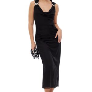 ترنديول فستان انيق محبوك من التول المبطن بقبة متدلية للنساء، لون اسود، موديل TPRSS25EL00042