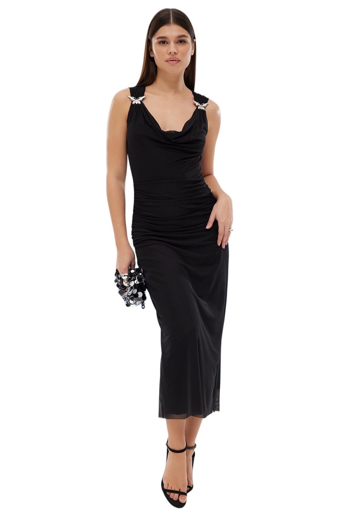 51v9s190G8L ترنديول فستان انيق محبوك من التول المبطن بقبة متدلية للنساء، لون اسود، موديل TPRSS25EL00042