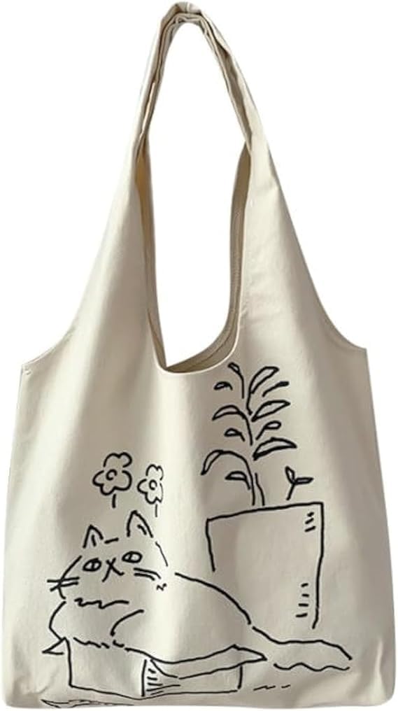51vHaMCaXcL شنطة يد كبيرة توت بطبعة قطة لطيفة للنساء من تزويق، شنطة كتف من قماش القطن، شنطة يد كبيرة شديدة التحمل وقابلة لاعادة الاستخدام ومتينة