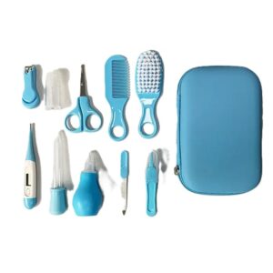 مجموعة العناية الكاملة للاطفال من 10 قطع مع شنطة سفر، ازرق، مجموعة العناية الكاملة مع قصافة اظافر ومقص وفرش وادوات اساسية
