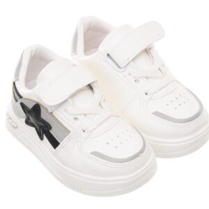 99.99 Kids' Leather Sneakers with Laces, Hook-and-Loop Strap, and Side Star Detail - White/Grey (23)