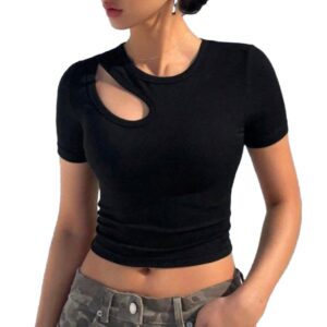 تيشرت من قماش التويل القطني مضلع نصف كم مع فتحة للنساء