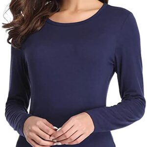 تي شيرت للنساء، قطن ليكرا بأكمام طويلة ورقبة دائرية ضيقة من رويال بينك