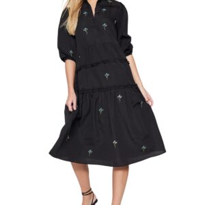 ترنديول فستان منسوج متوسط الطول مطرز بقصة مستقيمة للنساء، لون اسود، TWOAW22EL0882