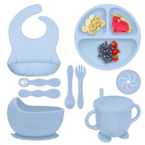 مجموعة إطعام بيبي من السيليكون من هايبر بلوم، مستلزمات فطام بيبي تتضمن بولة بقاعدة شفط وطبق، وكوب بنمط متعدد، وببرونة، ومعلقة مراحل 1 و2، وشوكة، أدوات تناول طعام لعمر 6 شهور فما فوق (أزرق فاتح)