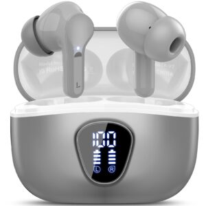 Bluetooth Headphones, Bluetooth 5.3 Stereo HiFi Earphones with 4 HD Mic, Wireless In Ear Headphones ENC Noise Cancellation, 40 Hours LED Display Touch Control, Bluetooth Headphones IP7, Grey
