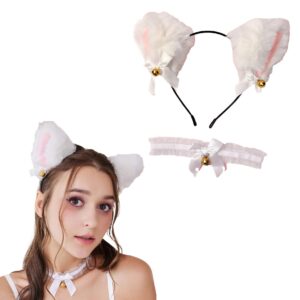 طوق رأس تنكري بتصميم أذنين بنمط كرتوني مع قلادة رقبة - أبيض, أبيض