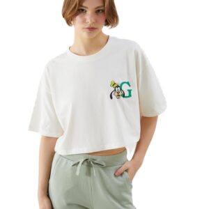 بلوزة قصيرة برقبة دائرية ضيقة بطبعة جوفي للنساء من ال سي وايكعكي