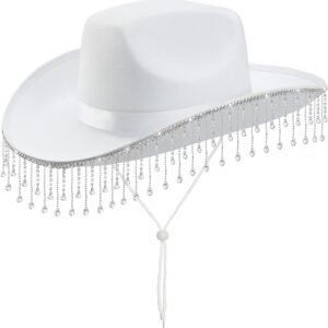 اكسيفور قبعات كاوبوي للنساء مع شراشيب من حجر الراين بحافة عريضة على الطراز الغربي قبعة راعية البقر للحفلات والمهرجانات الموسيقية بلون ابيض M