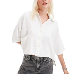 ترنديول قميص منسوج باكمام قصيرة وقصة واسعة للنساء بلون ابيض طراز TWOSS20GO0381