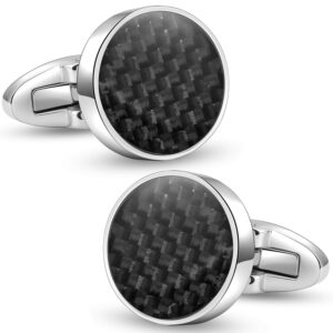 هوني بير ازرار اكمام دائرية للرجال مصنوعة من الياف الكربون بلون اسود، 1.7 سم، نحاسي، بدون احجار كريمة