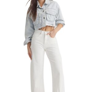 سروال جينز بقصة واسعة وخصر مرتفع مزين بخياطة بيضاء للنساء من ترنديول، موديل TWOSS25JE00165