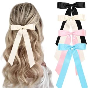 ربطات شعر بالوان عشوائية للنساء، مشابك شعر بشراشيب مع ذيل طويل، فيونكة شعر من الساتان مع مشابك معدنية، فيونكة لادوات الشعر للنساء، اكسسوارات الشعر، الجمال والعناية الشخصية، 4 قطع