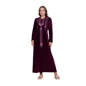 عباية نوم شتوية قطيفة من القطن بلون بورجندي حريمي من زدكوتكس - قصة مميزة على كلا الجانبين - أكمام طويلة مطرزة وتطريز أمامي - ثوب طويل مريح للارتداء داخل المنزل