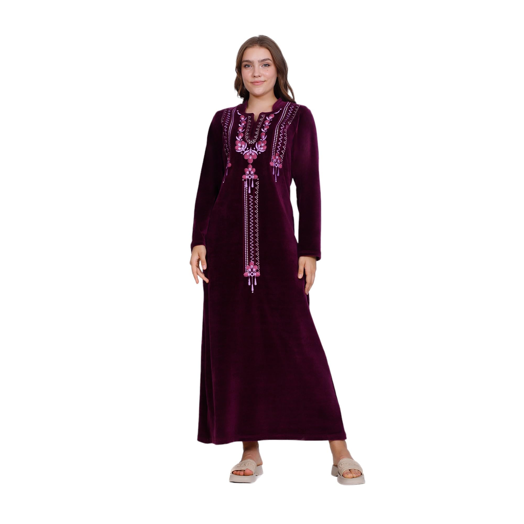 613SixlYwRL عباية نوم شتوية قطيفة من القطن بلون بورجندي حريمي من زدكوتكس - قصة مميزة على كلا الجانبين - أكمام طويلة مطرزة وتطريز أمامي - ثوب طويل مريح للارتداء داخل المنزل