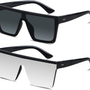 نظارة شمسية مربعة كبيرة الحجم للنساء والرجال، قطعتين للحماية من الاشعة فوق البنفسجية ومضادة لاجهاد العين بجزء علوي مسطح كبير بدون اطار للقيادة والسفر, أسود + فضي