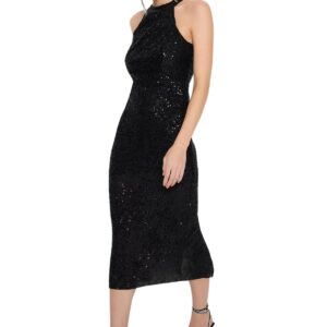 فستان سهرة أنيق مناسب للجسم مبطن ومزين بالترتر اللامع للنساء من ترينديول، أسود TPRAW24EL00233