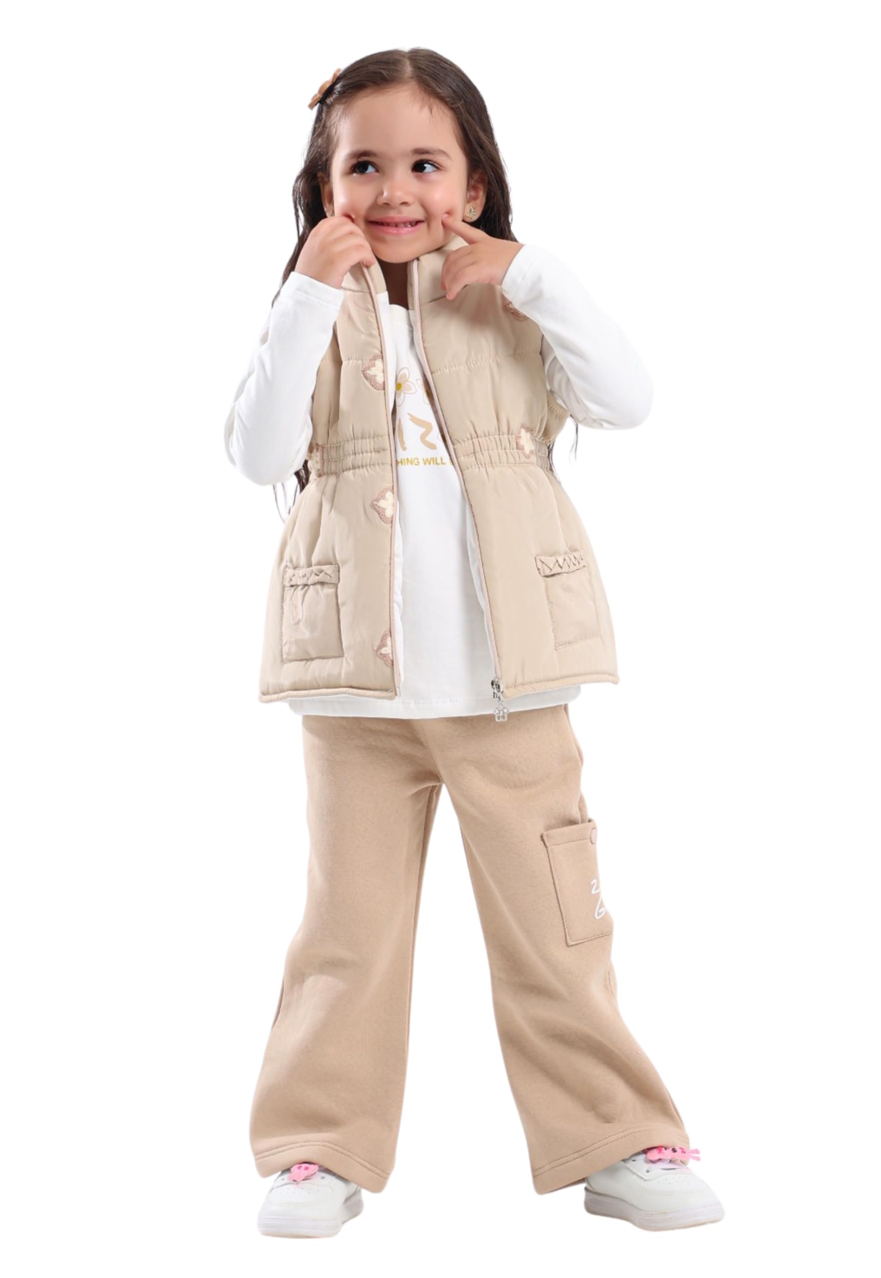 615sj65du4L بيجامة بناتي مريحة ومبطنة من 3 قطع ذات طابع وردى - مقاس من زيزو