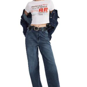 ترنديول بنطلون جينز بقصة واسعة واسعة وجيوب عند الخصر بقصة واسعة للنساء، لون ازرق غامق، موديل TWOSS25JE00073