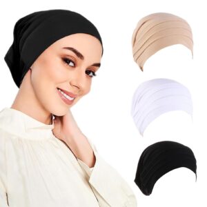 قبعة حجاب من قماش الجيرسيه للنساء من الميكاكوز، يمكن استخدامها كقناع وسوار معصم ووشاح للرقبة وعصابة راس رياضية وغطاء للشعر باللونين الاسود والابيض واللوزي، مقاس واحد، 3 قطع
