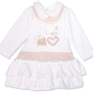 فستان قطن قطيفة بياقة قميص واكمام طويلة بأطراف كرانيش وطبعة ارنب للبنات من بيبي كادو - ابيض وكافيه، 3 - 6 شهور