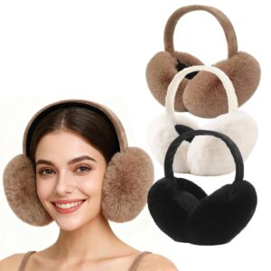 كاستويف اغطية اذن من الفرو الصناعي، شريط راس فائق النعومة وقابل للتعديل لتدفئة الاذن في الشتاء، اكسسوار لطيف قابل للطي للطقس البارد للنساء والفتيات المراهقات، 3 قطع