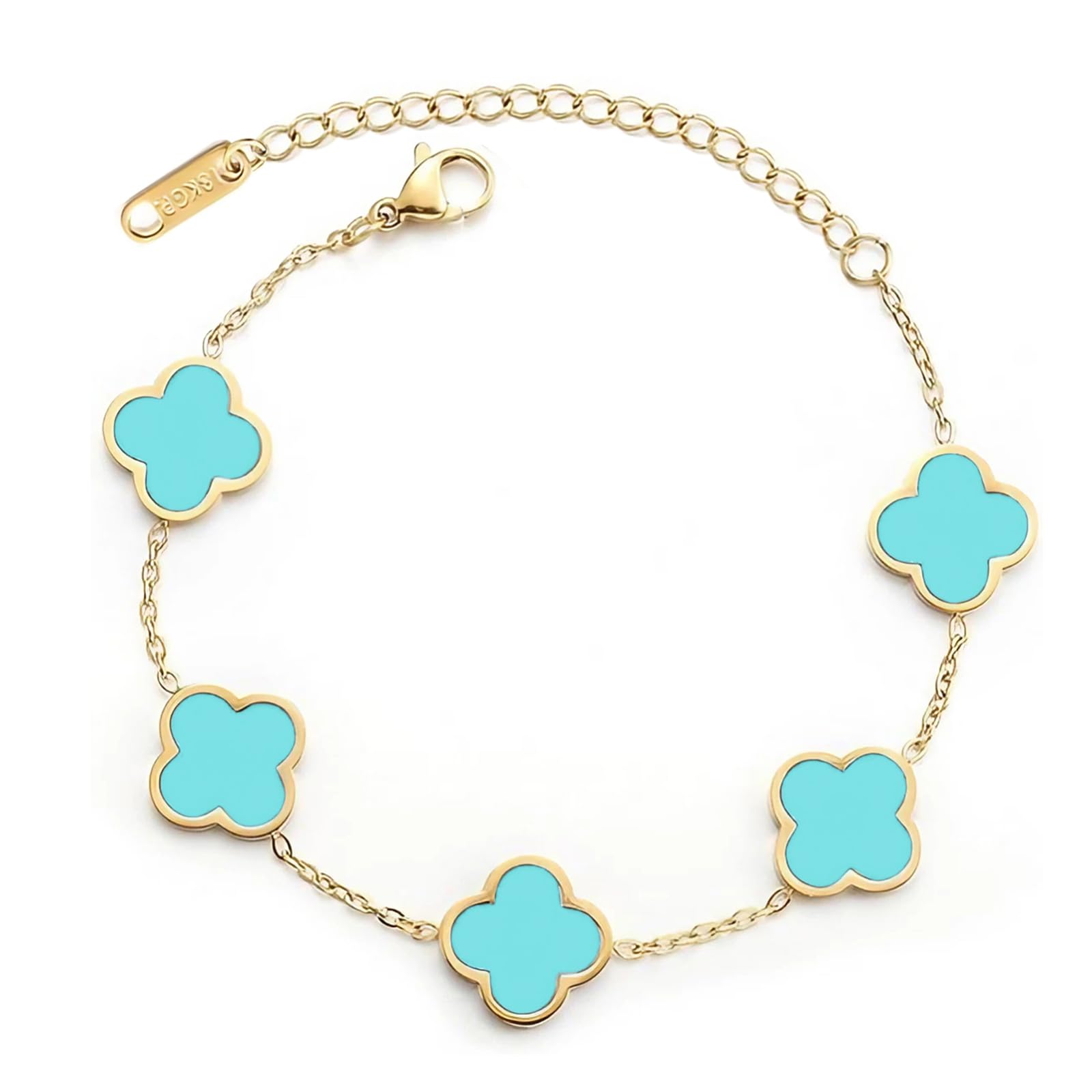 617Lg32izXL سوار مزدوج الجوانب مطلي بالذهب عيار 18 قيراط للنساء من جي ار بيد، سوار سلسلة الحظ على شكل زهرة دوب اربع اوراق شجر، هدية مجوهرات لطيفة للام والزوجة والابنة في عيد الميلاد