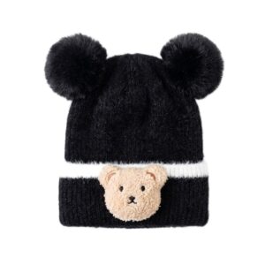 طاقية شتوية للأطفال من الصوف المحبوك بتصميم دب لطيف وكرات فرو مزدوجة لتدفئة مثالية ومظهر أنيق للأولاد والبنات