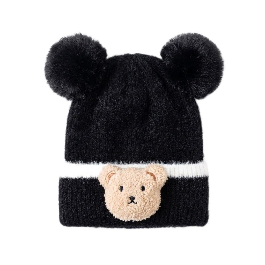 61864hc7INL طاقية شتوية للأطفال من الصوف المحبوك بتصميم دب لطيف وكرات فرو مزدوجة لتدفئة مثالية ومظهر أنيق للأولاد والبنات