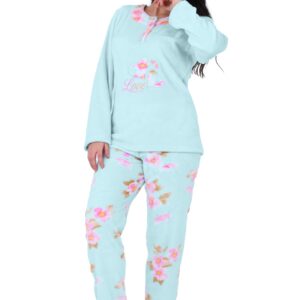 طقم بيجامة نسائية مريحة، نمط زهور، قطعتين، لون وردي وأزرق فاتح - طقم بيجامات حريمية شتوية مصنوعة من قماش الفرو الناعم والدافئ - بيجامه كاجوال للنساء بتصميم مميز