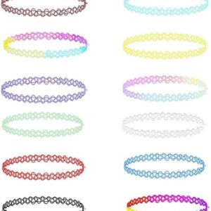 طقم عقد ضيق بتصميم مستوحى من التسعينيات لوفكي 12 قطعة وشوكر طوق نيون مرن قابل للتمدد مجوهرات سلسلة وشم قوطية للنساء والفتيات متعددة الالوان