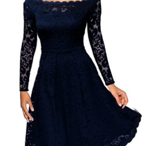 فستان للنساء من الدانتيل باللون الأزرق الداكن على الصدر والذيل