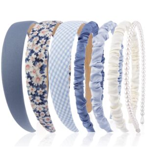 حنايا شريط راس للنساء، مجموعة من 7 قطع من عصابة راس عصرية مزينة بالزهور الزرقاء واللؤلؤ والمنقوشة للبنات، اكسسوارات شعر بنمط ريفي غير قابلة للانزلاق