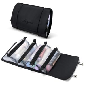 شنطة سفر قابلة للطي لتنظيم ادوات الزينة والمكياج ومستحضرات التجميل للتعليق 4 شنط تخزين للازالة متعددة الوظائف ومقاومة للماء المكياج والعناية الشخصية واكسسوارات الحمام اسود من مويوم