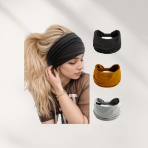 عصابات راس للنساء، 3 قطع من عصابات الشعر المرنة عريضة معقودة بلون سادة، عمامة غير قابلة للانزلاق لليوجا، عصابات راس كبيرة من القطن، اكسسوارات شعر بوهو للبنات