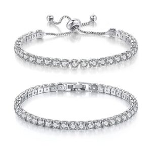 سوار للنساء من لينجي، سوار مطلي بالذهب عيار 14 قيراط مرصع بالزركونيا المكعب 4 ملم، سوار كلاسيكي ماسي قابل للتعديل، مجوهرات عصرية هدية للزفاف، مقاس 6.5-7.5 انش (قطعتان)