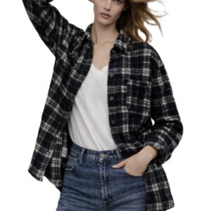 قميص نسائي كاروهات بقصة واسعة، جوخ، ياقة كلاسيك، أزرار أمامية، جيب صدر، كاجوال، خريف وشتاء