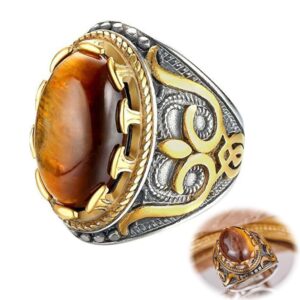 خاتم رترو للرجال من جويز، حجر عين النمر العتيق والاحجار الكريمة البيضاوية الفيروزية، مجوهرات مميزة من الستانلس ستيل للرجال، مقاس 12
