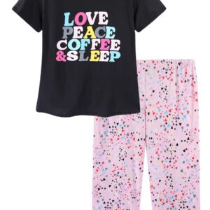 طقم بيجامة قطن للنساء، بيجامات نوم باكمام قصيرة وقميص كابري وبنطلون قصير بطباعة زاهية لطيفة