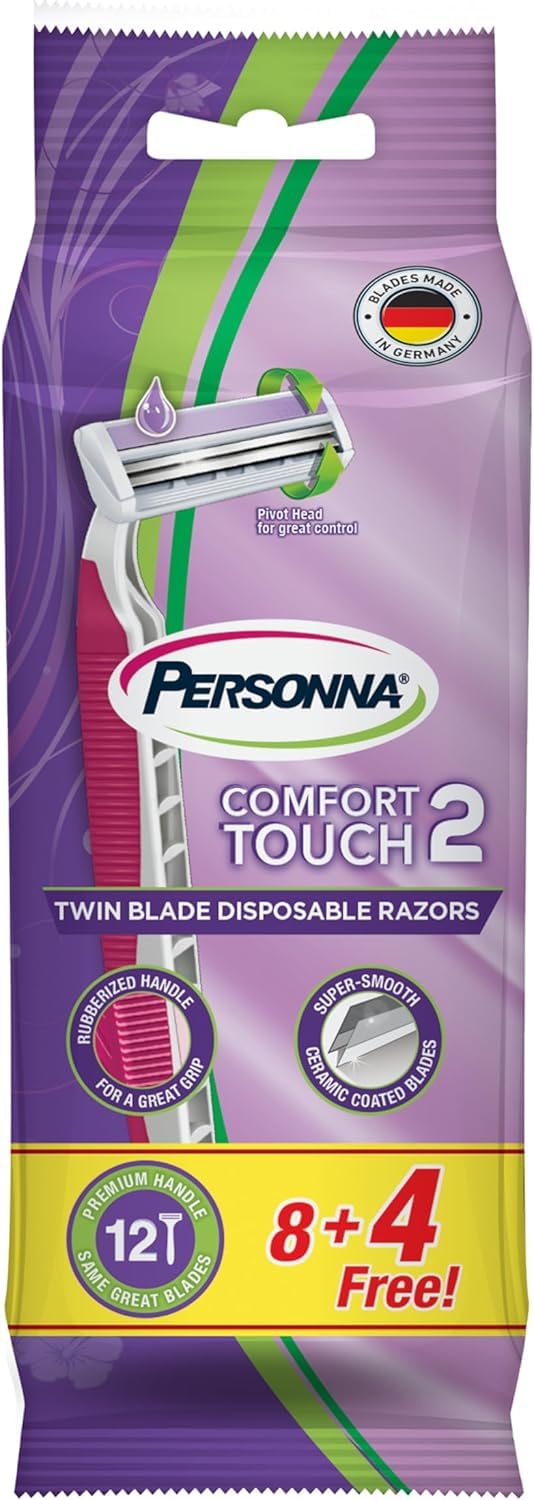 61BopBNk7cL ماكينة حلاقة كومفورت تاتش 2 شفرة مزدوجة للاستعمال مرة واحدة للنساء من بيرسونا، 12 قطعة