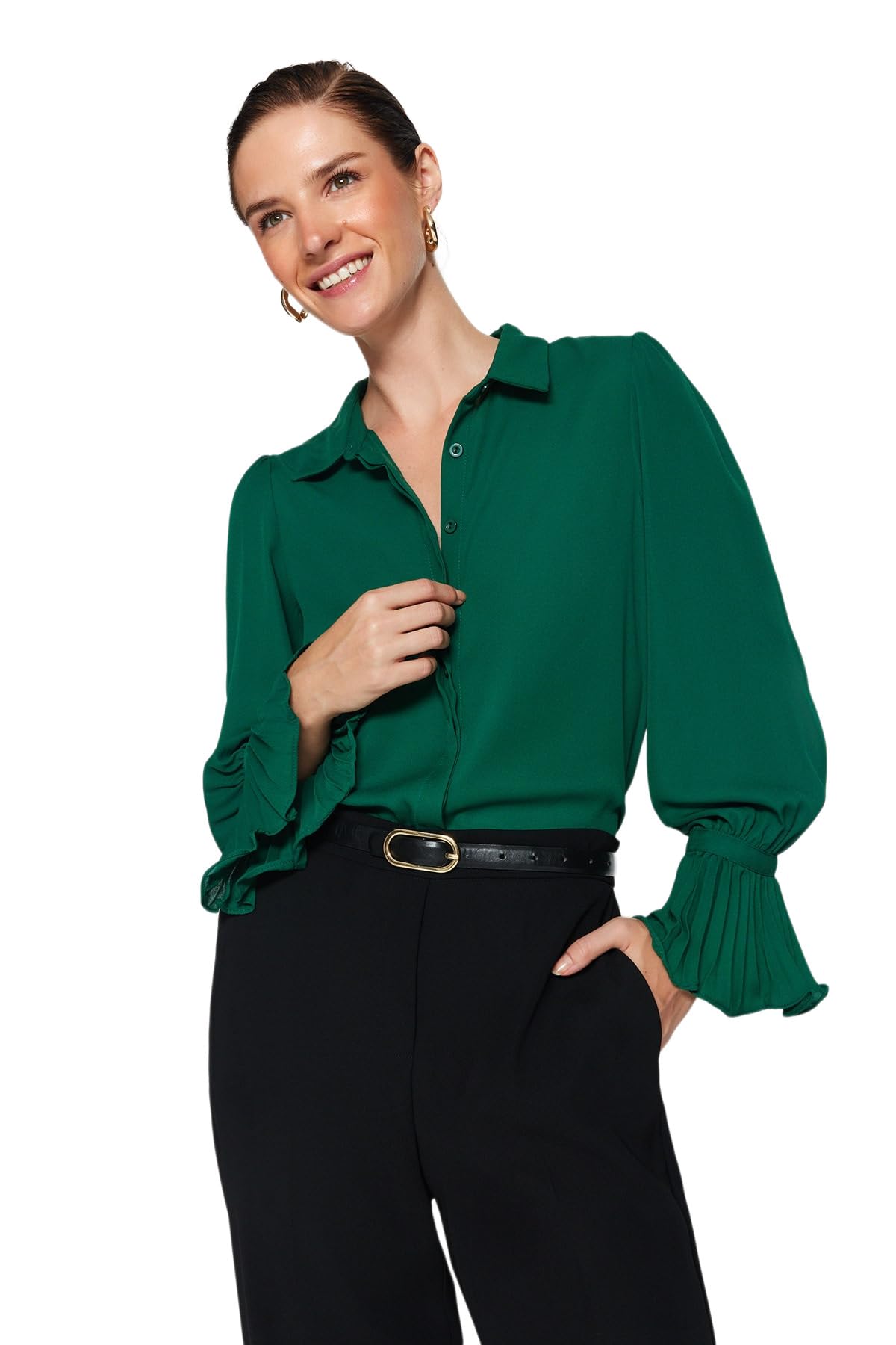 61C-hm49KTL قميص منسوج بقصة عادية وأكمام إسبانية للنساء TWOAW22GO0487 من ترنديول