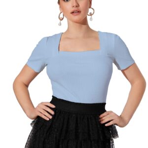 تيشيرت بتصميم سادة محبوك ورقبة مربعة وأكمام قصيرة منفوخة للنساء والفتيات من شاسمي