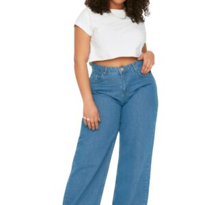 ترنديول بنطلون جينز بخصر مرتفع وقصة واسعة للنساء TBBSS22JE0211 مقاس كبير (عبوة من قطعة واحدة)