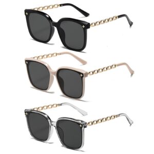 كاستويف مجموعة نظارات شمسية كبيرة الحجم للنساء من 3 قطع - حماية من الاشعة فوق البنفسجية 400، نظارات عصرية مستقطبة للشاطئ والعطلات والارتداء اليومي، نظارات شمسية مربعة كبيرة انيقة للنساء (اسود وفضي