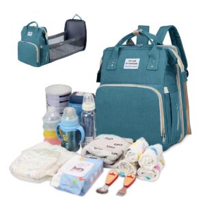 حقيبة حفاضات مع حقيبة حفاضات للسرير وحقيبة ظهر للسفر وسرير الطفل حقيبة حمل بسعة كبيرة - سرير أطفال مقاوم للماء، حقيبة ظهر لتغيير الحفاضات، حقيبة يد للعناية بالطفل في واحدة (اخضر)