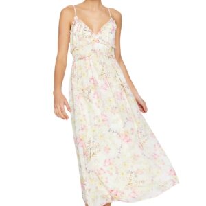 فستان ماكسي طويل منسوج للنساء من ترينديول، مصنوع من الشيفون ومزين بكشكشة، مع نقش زهور وقصة ايه-لاين، لون أبيض (Ecru)، موديل TWOSS23EL02013