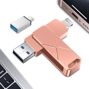 USB Stick for iPhone, Mfi Certified Lightning External Memory, Pen Drive, USB Stick, 4-in-1 for iPhone, iPad, IOS, MacBook, Android, PC (Pink, 256GB)