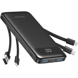 Charmast Power Bank with Built in Cable, 10000mAh USB C Battery pack 6 Outputs 2 Inputs with LED Display Type C Powerbank Portable Charger Compatible with Smartphones Tablets and More