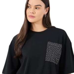 Styli Women Black Studded Pocket Oversized T-Shirt